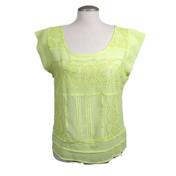 American Eagle Womens L Blouse Top Neon Yellow Sheer Eyelet Paisley Button Back - Picture 2 of 6